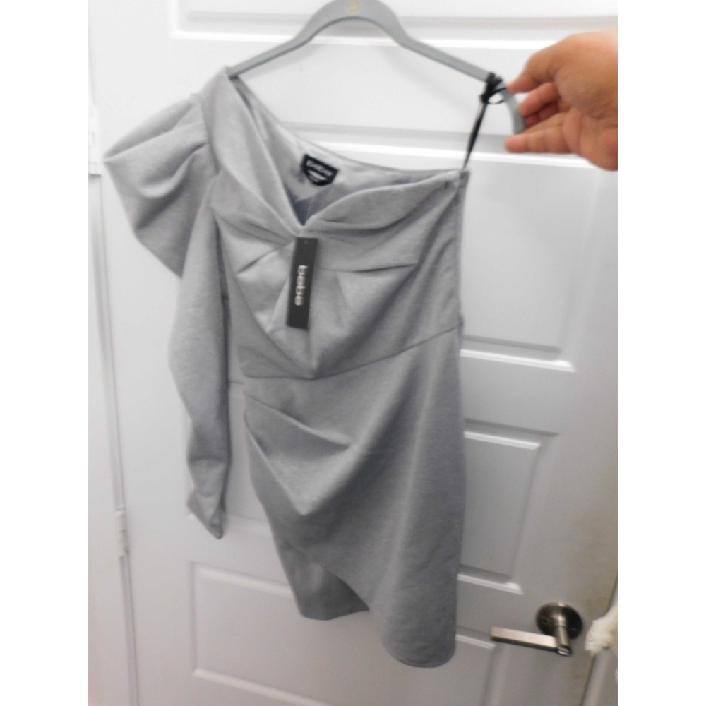 New Bebe Dress Silver Jacquard Puff Shoulder One Shoulder Mini Dress $168rt Sz S